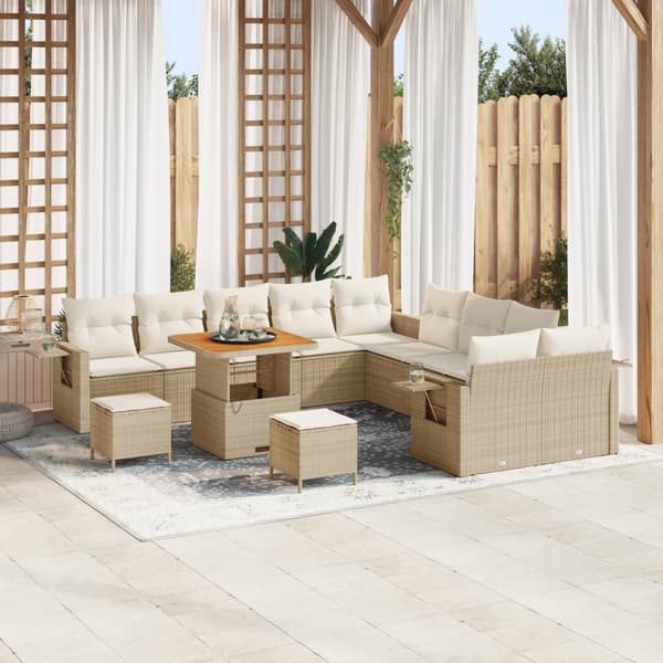 13-delad trädgårdsoffaset med kuddar beige poly rattan akacia