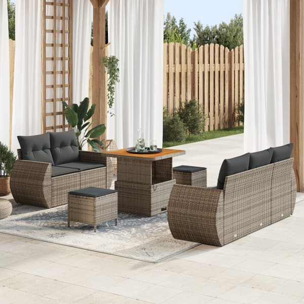 8-delad trädgårdsofa set med kuddar grå poly rattan akacia
