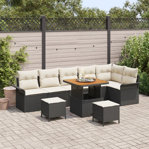 9 Delars Trädgårdsoff set med Kuddar Svart Poly Rattan Acacia