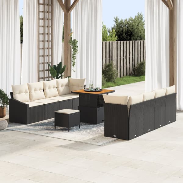 11-delars trädgårdsofa set med kuddar svarta poly rattan acacia