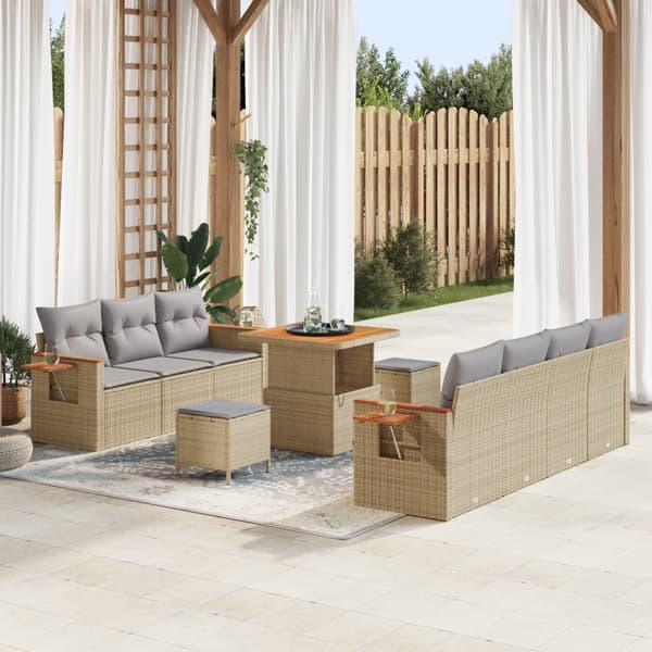 10-delad Trädgård Soffa Set Med Kuddar Beige Poly Rattan Akacia