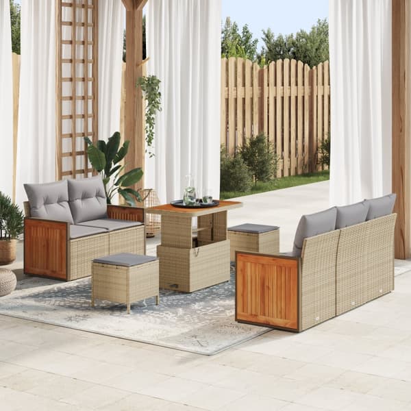 8-delars trädgårdsoffset med kuddar beige poly rattan akacia