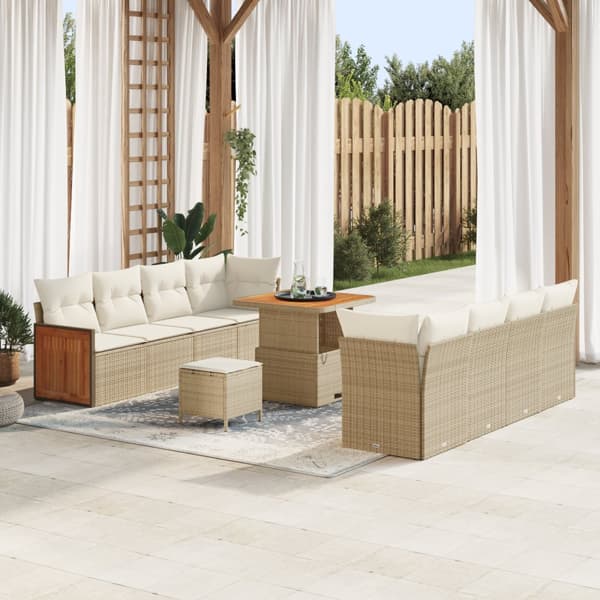 11-delat Trädgårdsoffaset med Kuddar Beige Poly Rattan Akacia