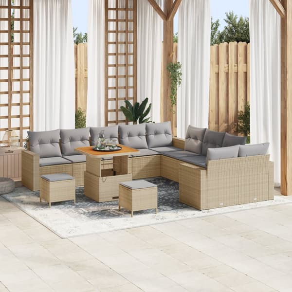 13-delars trädgårdsoffaset med kuddar Beige Poly Rattan Akacia