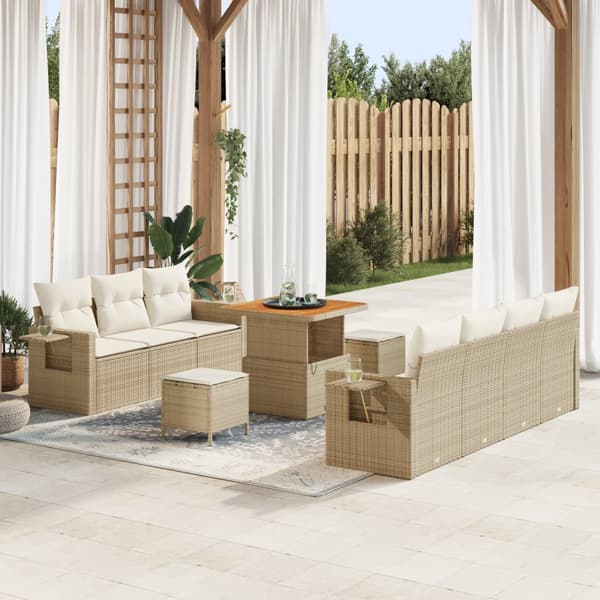 10-delars Trädgårdssoffset med Kuddar Beige Poly Rattan Akacia