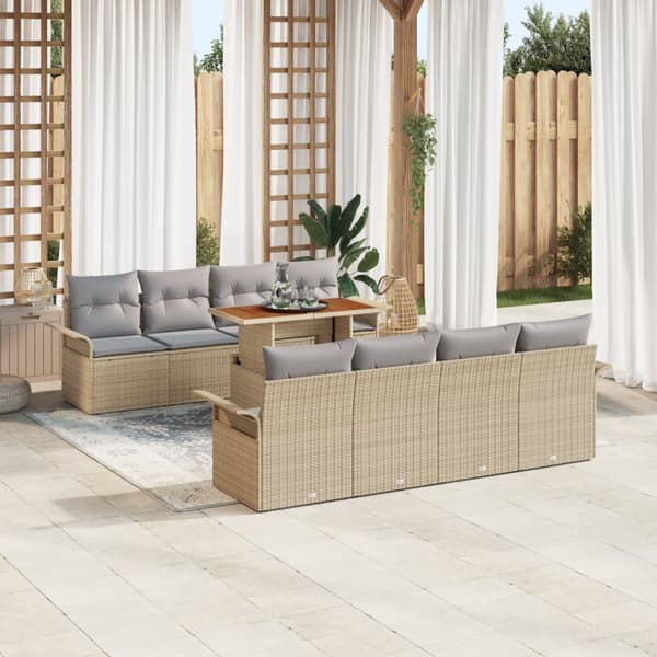 9-delad trädgårdsoff-set med kuddar beige poly rattan