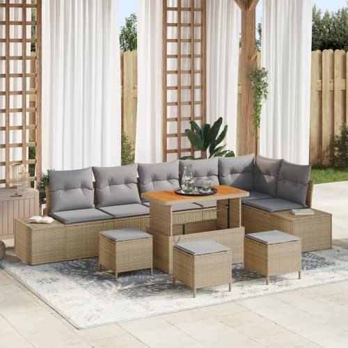 10-delars trädgårdsoffset med kuddar Beige Poly Rattan Akacia
