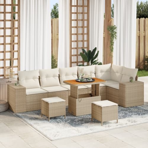 9-delad trädgårdsoffagrupp med kuddar beige poly rattan akacia