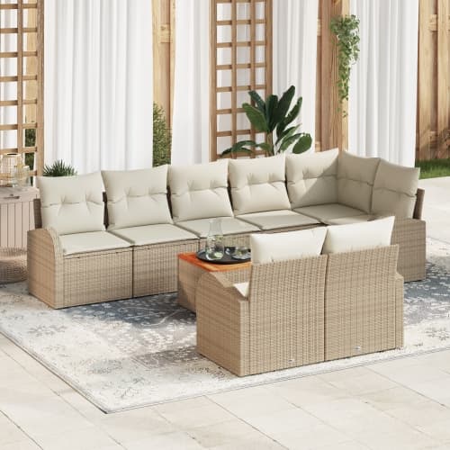 9-delat trädgårdsofa set med kuddar beige poly-rattan akacia