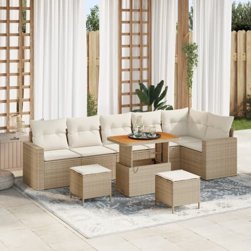 9-delad Trädgårdsoffagrupp med Kuddar Beige Poly Rattan Akacia