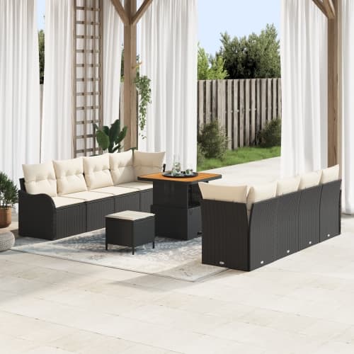 11-delat trädgårdsoffaset med kuddar svart poly rattan acacia