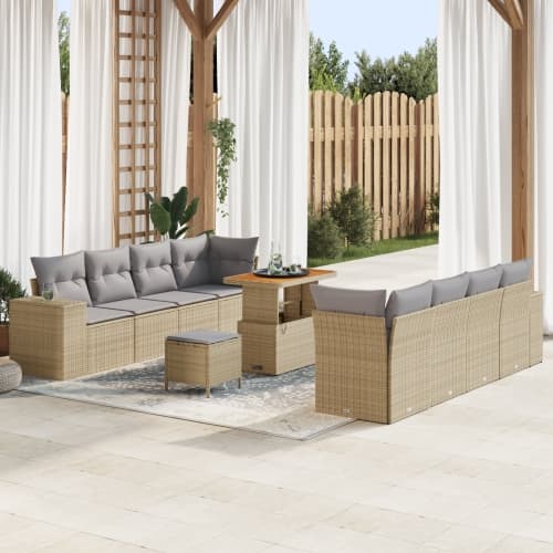11-delars trädgårdssoff-set med kuddar Beige Poly Rottning Akacia