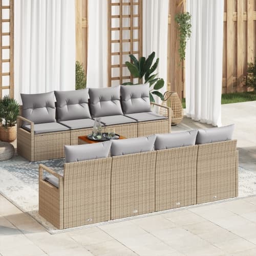 9-delat trädgårdsofaset med kuddar beige polyrotting acacia