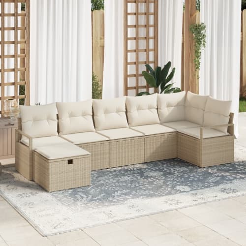 7-delars trädgårdsoff set med kuddar beige poly rattan