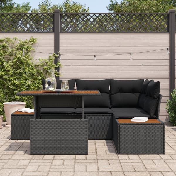 5-delat Trädgårdsmöbelset med Kuddar Svart Poly Rattan Akacia