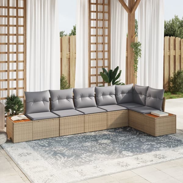 6-delat trädgårdsoffset med kuddar beige poly rattan akacia