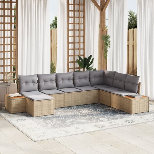 8-delat trädgårdsoffaset med kuddar beige poly rattan akacia