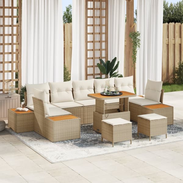 10-delad Trädgårdsoffセット med Kuddar Beige Poly Rattan Akacia