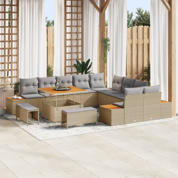 13 Delar Trädgårdsoffset med Kuddar Beige Poly Rattan Akacia