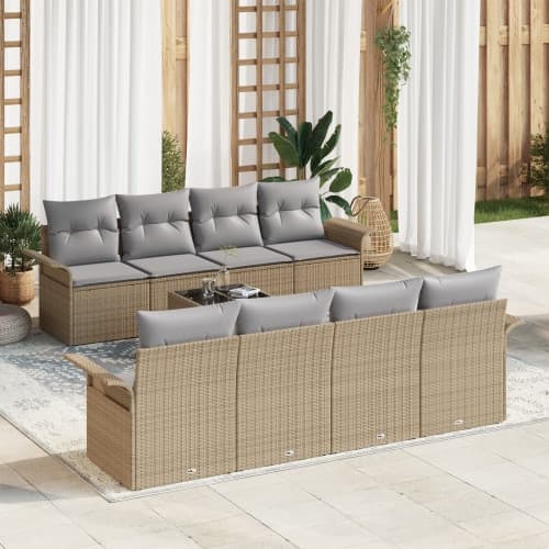 9-delat trädgårdsoffset med kuddar beige poly rattan