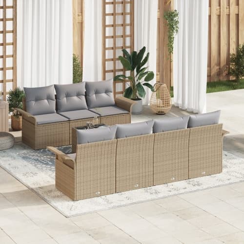 8-delad trädgårdsoffagrupp med kuddar beige poly rattan