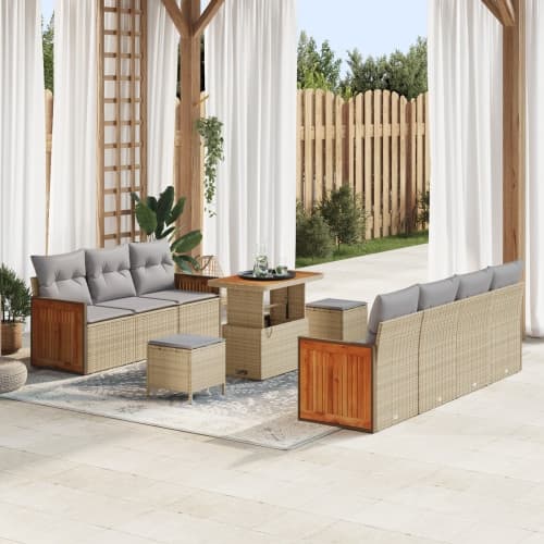 10-delad trädgårdsoffa med kuddar Beige Poly Rattan Acacia