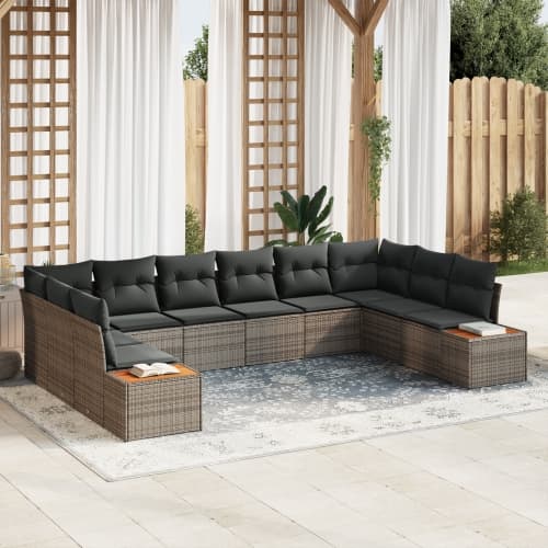10-delat Trädgårdsofa Set med Kuddar Grå Poly Rattan Akacia
