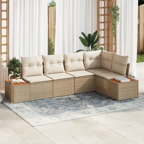 5-delars trädgårdsoffset med kuddar beige poly rattan akacia