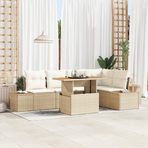 6 Delars Trädgårdsoffa Set med Kuddar Beige Poly Rattan