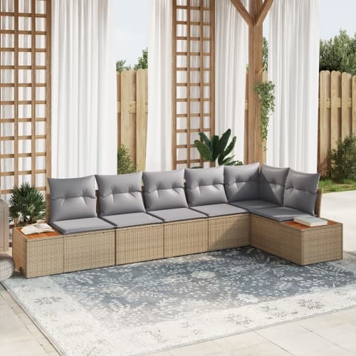 6-delat trädgårdsoffset med kuddar beige poly rattan akacia