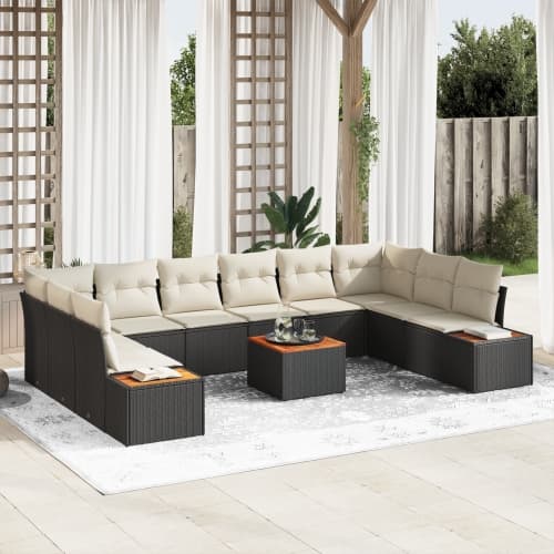 11-delars trädgårdsoffaset med kuddar Svart Poly Rattan Acacia