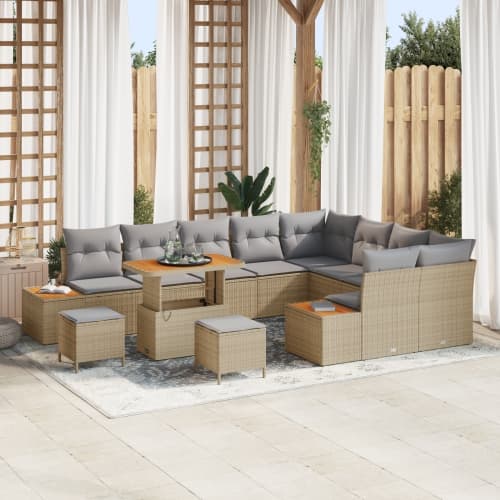 12 Delars Trädgårdsoffset med Kuddar Beige Poly Rattan Akacia