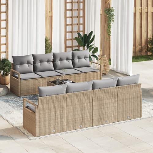 9 Delars Trädgårdsoff Set med Kuddar i Beige Poly Rattan