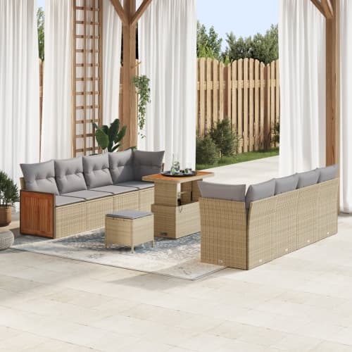 11-delad trädgårdsoffasats med kuddar beige poly rattan akacia