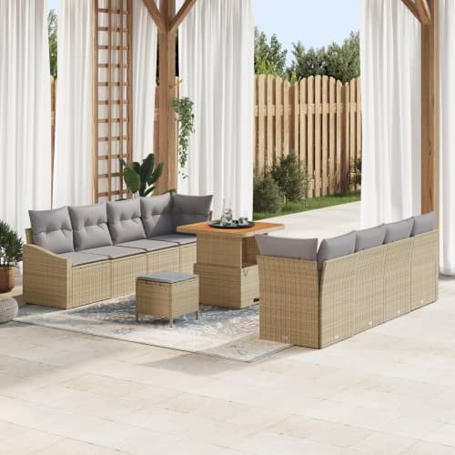 11-delars trädgårdsoffuppsättning med kuddar beige poly rattan akacia