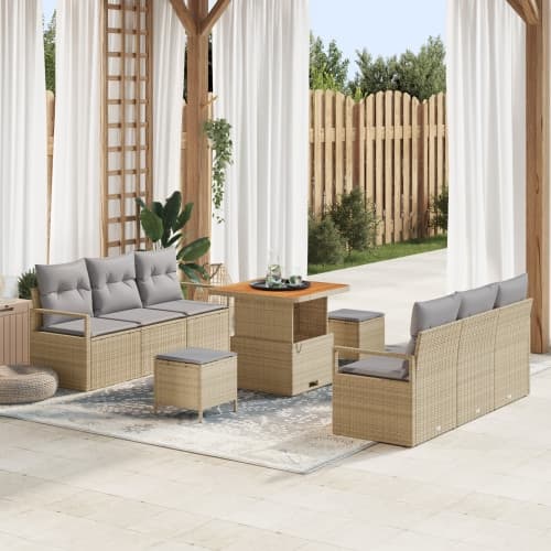 9-delat Trädgårdsoff set med kuddar Beige Poly Rattan Akacia