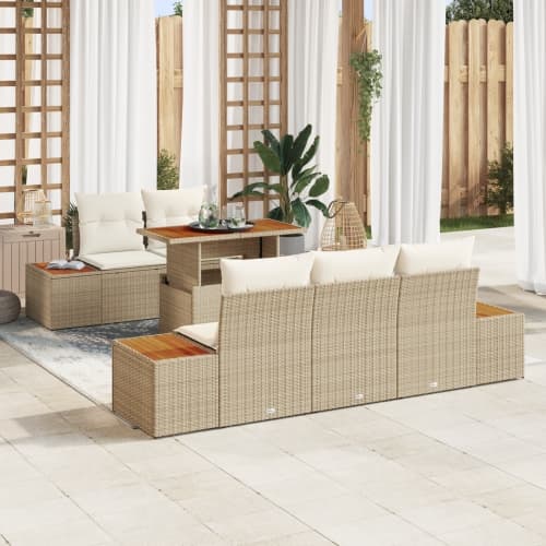 6-delat trädgårdsoffaset med kuddar beige poly rotting