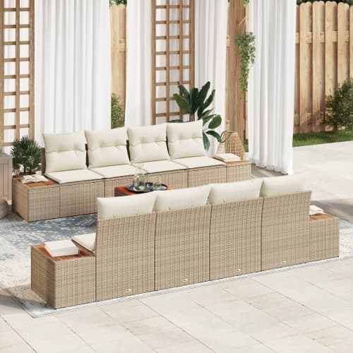 9-delad trädgårdsoffagrupp med kuddar Beige Poly Rattan Akacia