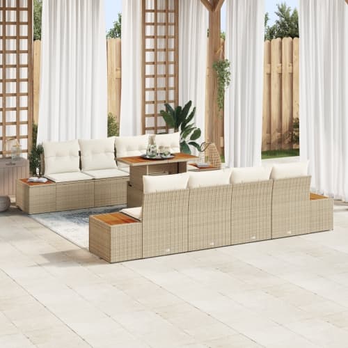 9-delat trädgårdsoffaset med kuddar Beige Poly Rattan
