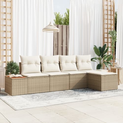 5-delars trädgårdsoffaset med kuddar i beige polyrotting acacia