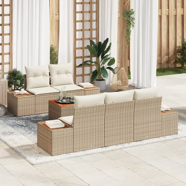 6-delad Trädgårdsoffset med Kuddar Beige Poly Rattan Akacia