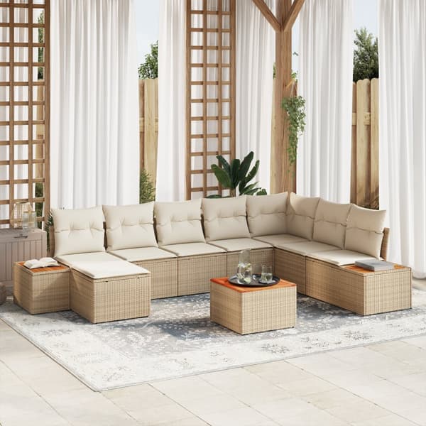 9-delat trädgårdssoffset med kuddar Beige Poly Rattan Akacia