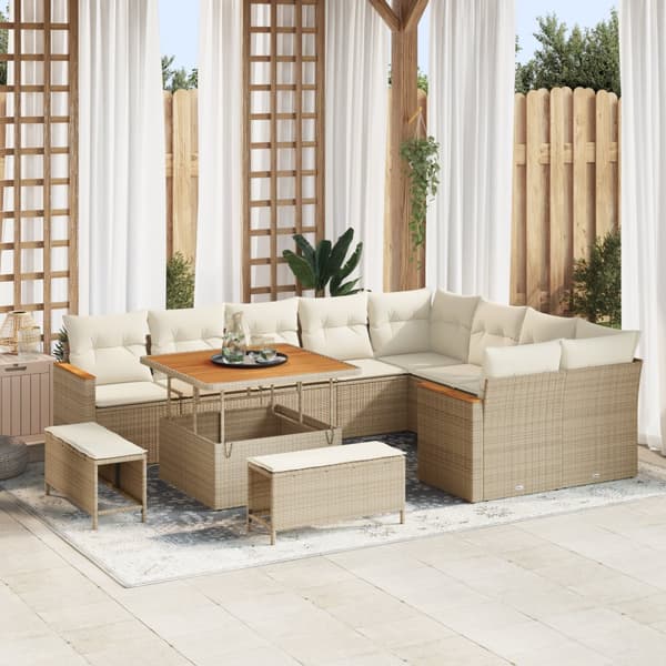 12-delars Trädgårdsoff set med kuddar Beige Poly Rattan Akacia