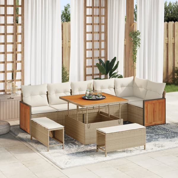 9-delad Trädgårdsoff Grupp med Kuddar Beige Poly Rattan Akacia