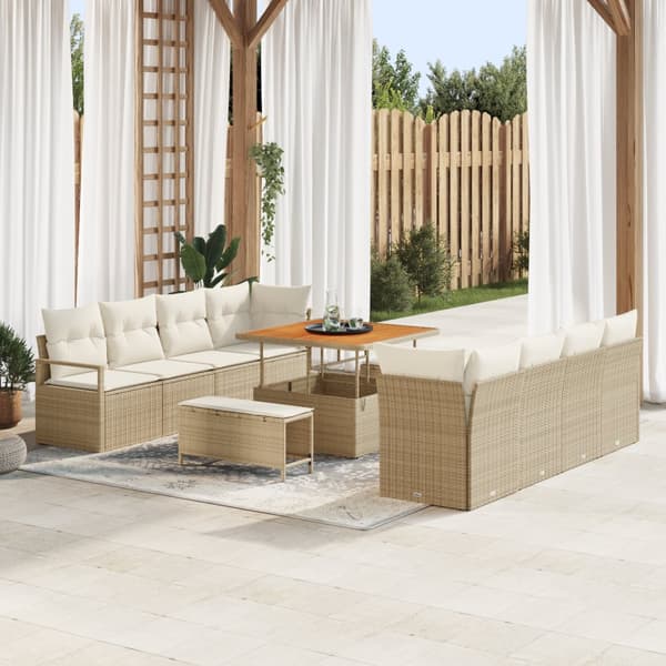 11-delad Trädgårdsoffgrupp med Kuddar Beige Poly Rattan Akacia