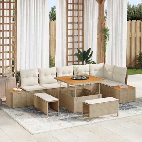 9 Delars Trädgårdsoff set med kuddar Beige Poly Rattan Akacia