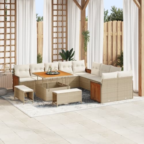 13-delars Trädgårdsoff set med kuddar Beige Poly Rattan Akacia