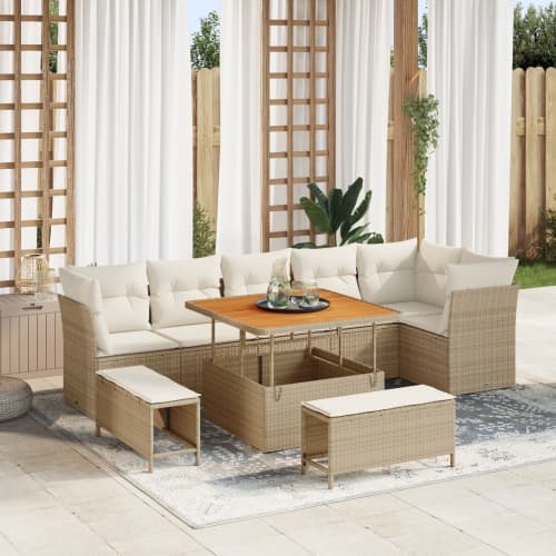 9-delad trädgårdsoffa med kuddar beige poly rattan akacia