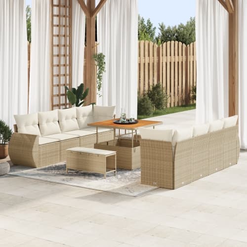 11-delat Trädgårdsoffset med Kuddar Beige Poly Rattan Akacia