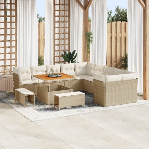 13 Delars Trädgårdsoff Set med Dynor Beige Poly Rattan Akacia